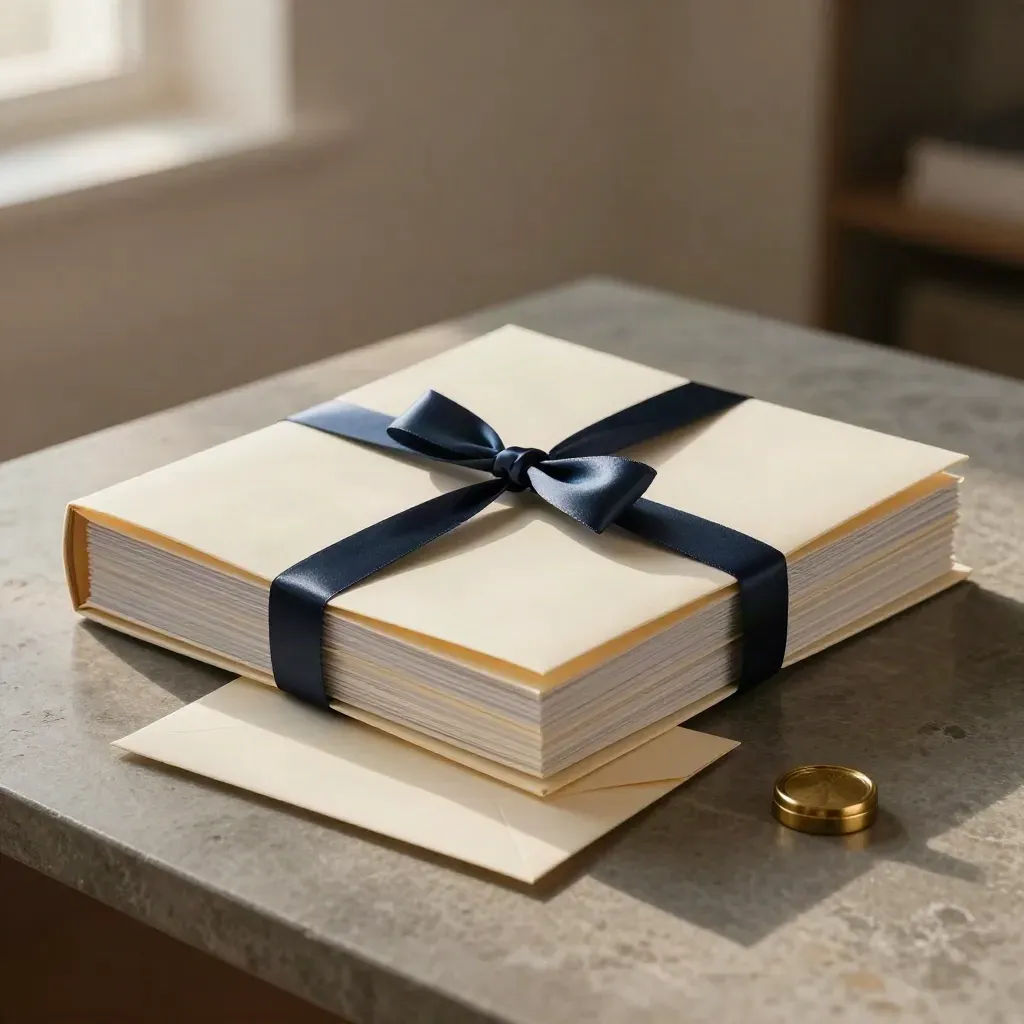 Ribboned settlement pack with cream envelope, folders and brass seal on a stone desk.