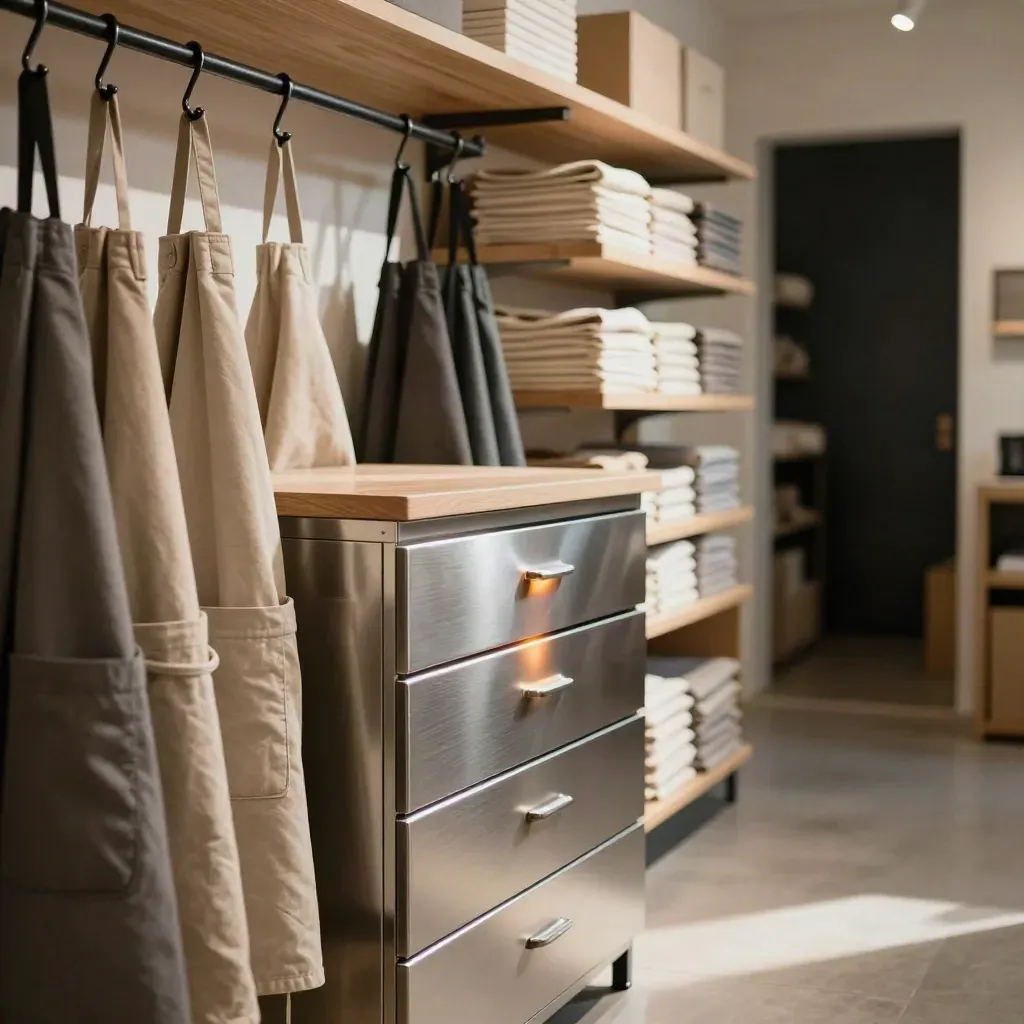 Open till, hanging aprons and stocked shelves in a quiet retail store, lit by soft morning window light.