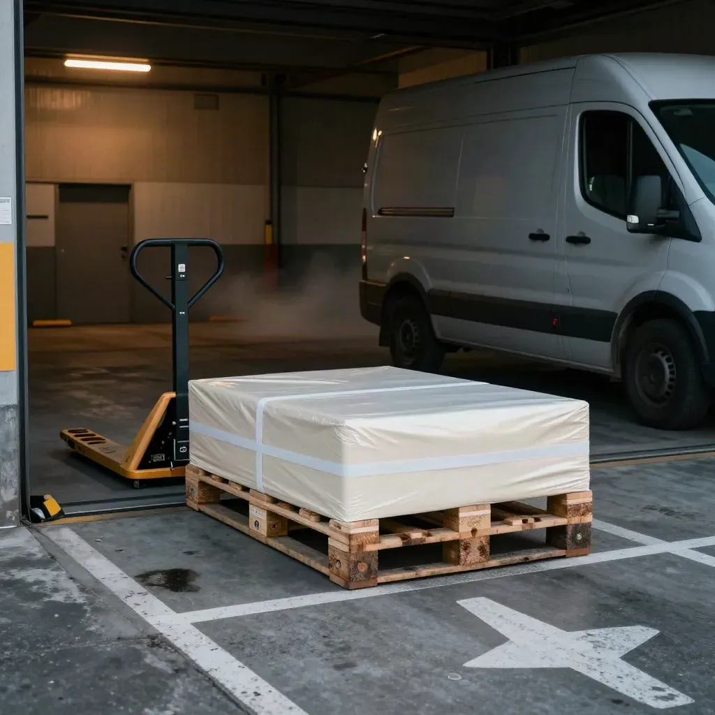Warehouse bay with a sealed pallet and courier van in wet misty light.