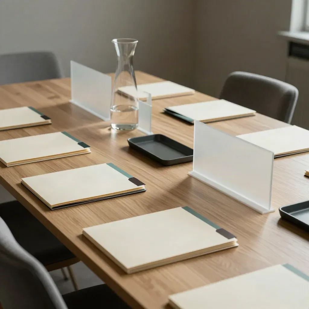Empty charity meeting room with folders and trays neatly reset for the next agenda.