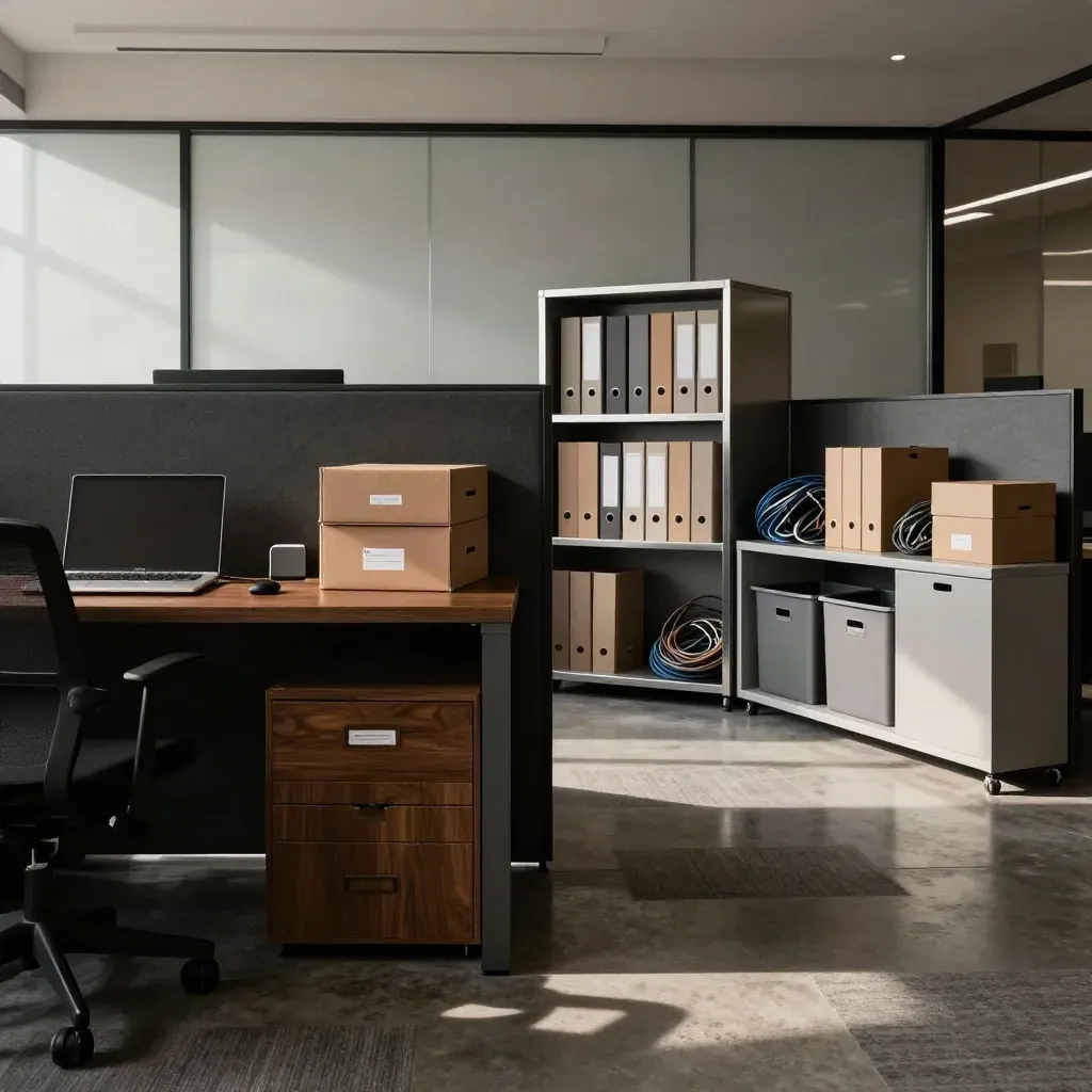 Split office suite with boxed assets and a centered archive shelf under late-day shadow.