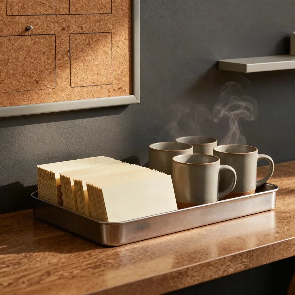Steam rising over mugs beside an orderly action board and schedule tray in a quiet staff room.