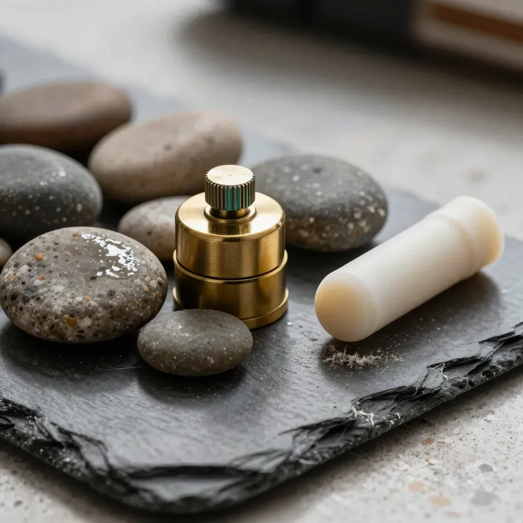 River stones, brass timer and cream wax stick on a slate tray in dramatic macro light.