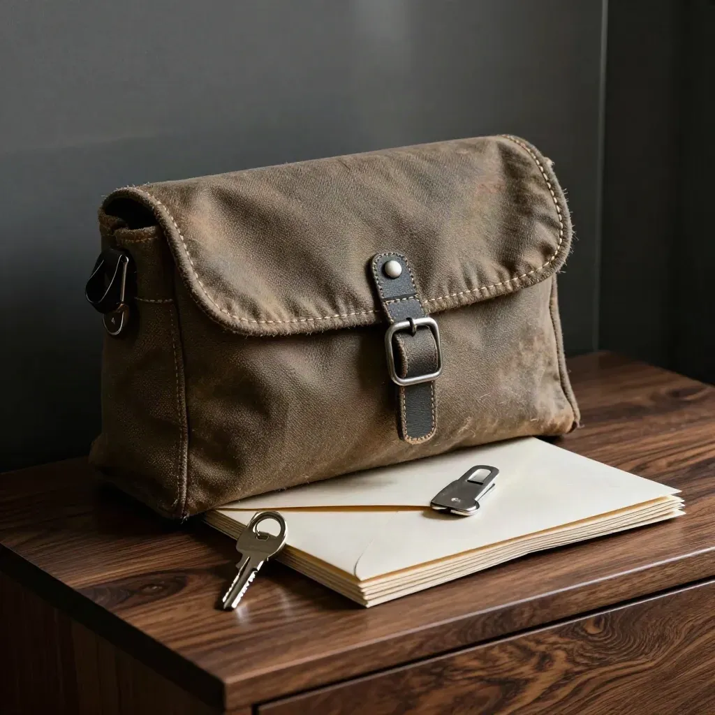 Courier pouch, envelope stack, clip and key ring on dark wood in moody studio light.