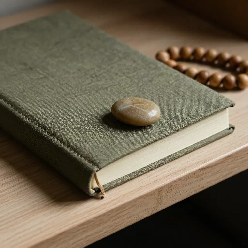 Linen notebook, worry stone, tea ring and wooden beads on a quiet mediation shelf.