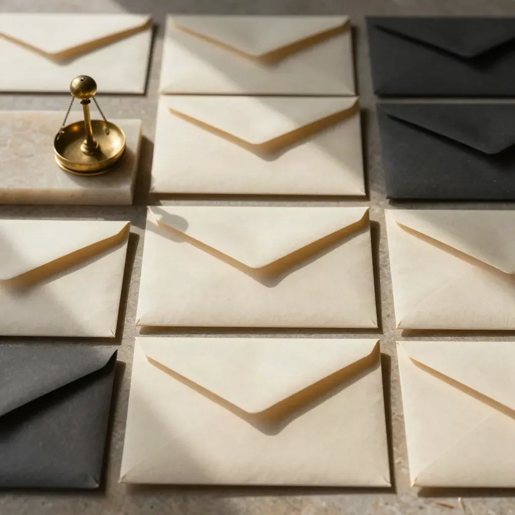 Top-down still life of case envelopes, face-down assessment cards and a brass balance weight on stone.