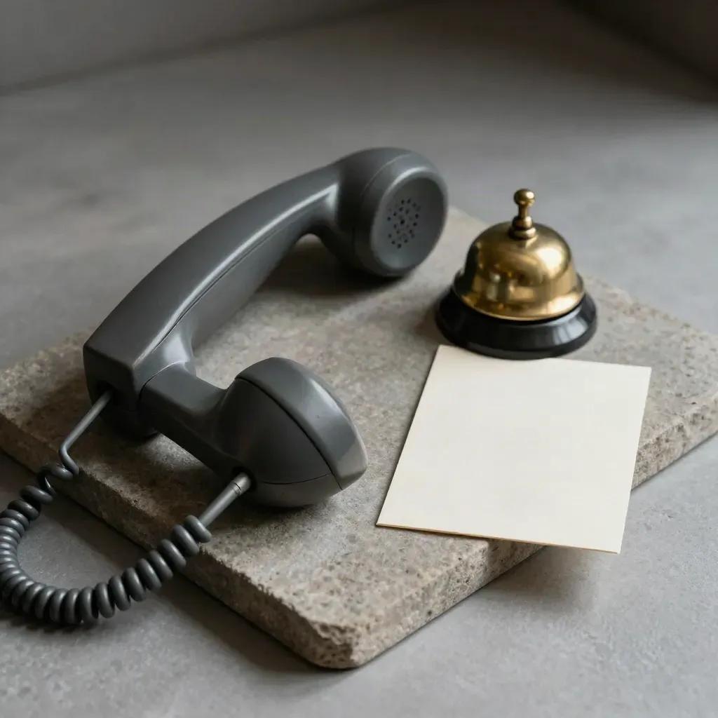 Charcoal desk phone handset beside a brass bell and face-down appointment card on a stone tray