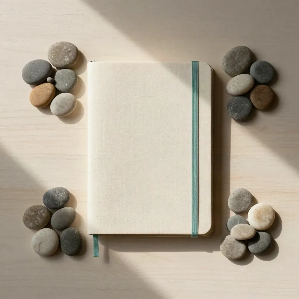Closed notebook with tabs and pebble clusters on pale wood, softly lit from the side.