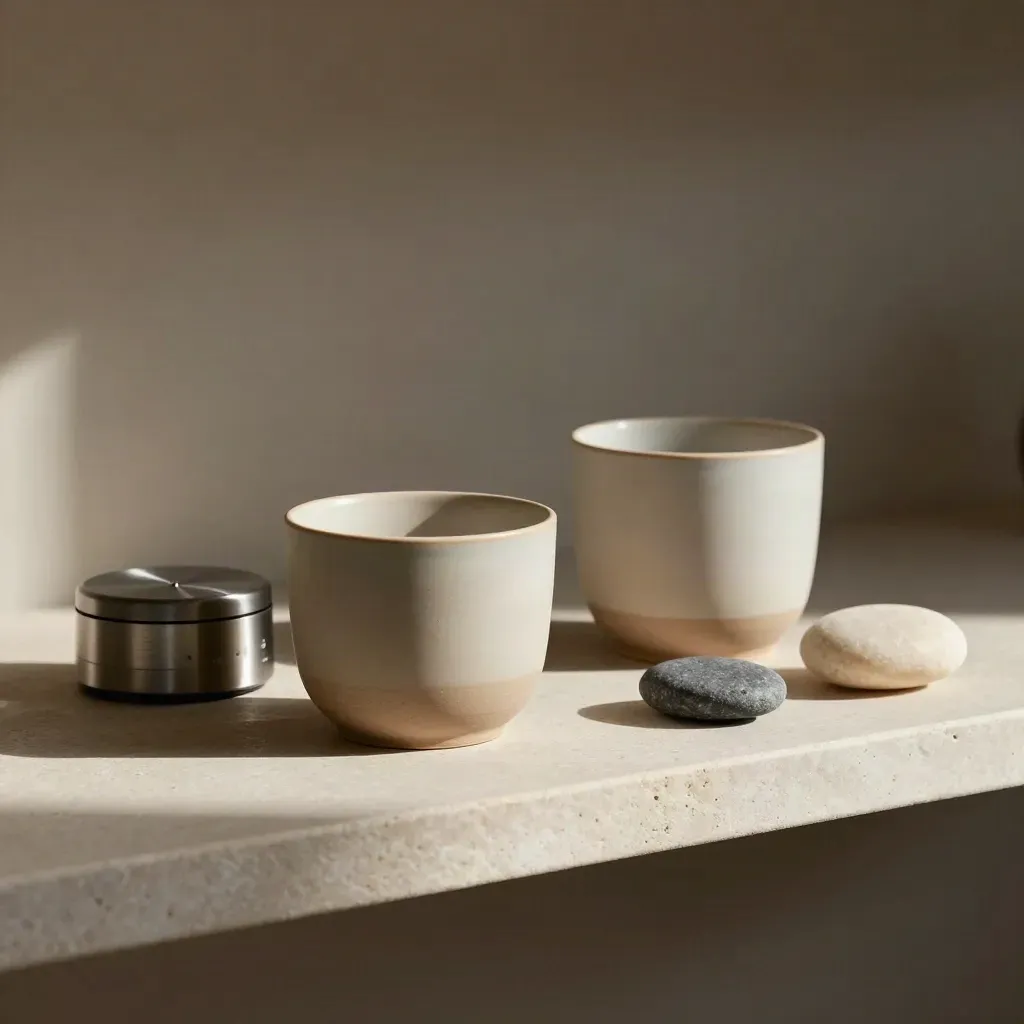 Ceramic cups, timer, and conversational stones on a stone shelf in soft side light