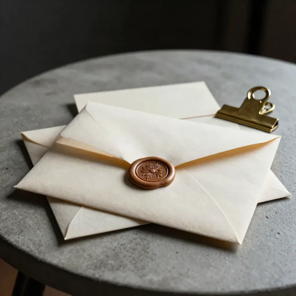 Sealed cream envelope with slate ribbon, brass clip and wax seal on a concrete side table.