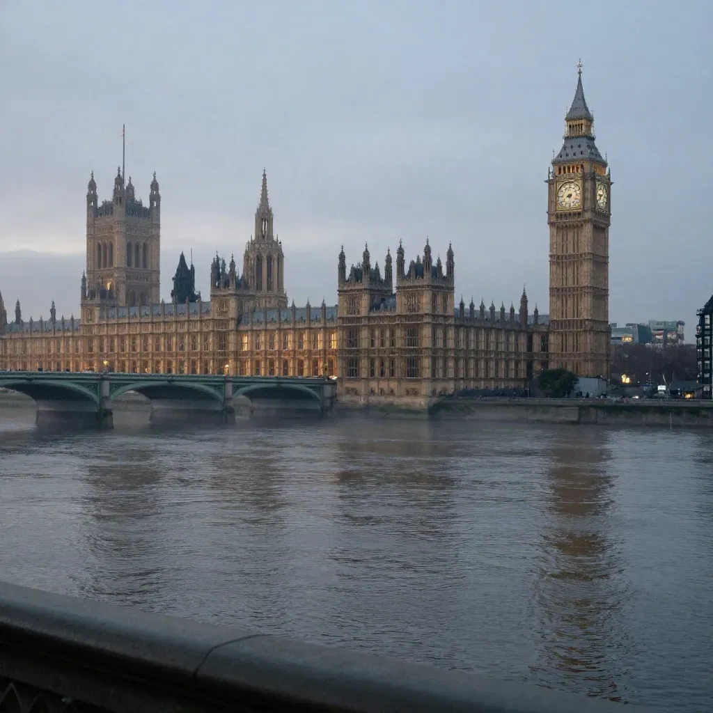 Westminster and the Thames at blue hour with mist, glowing windows, and calm water