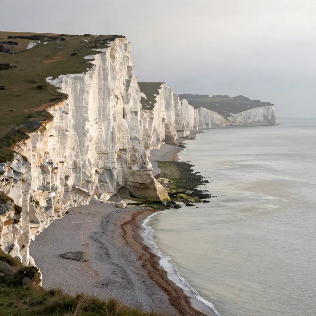 White Cliffs headland above a misty calm sea after rain at late sun.