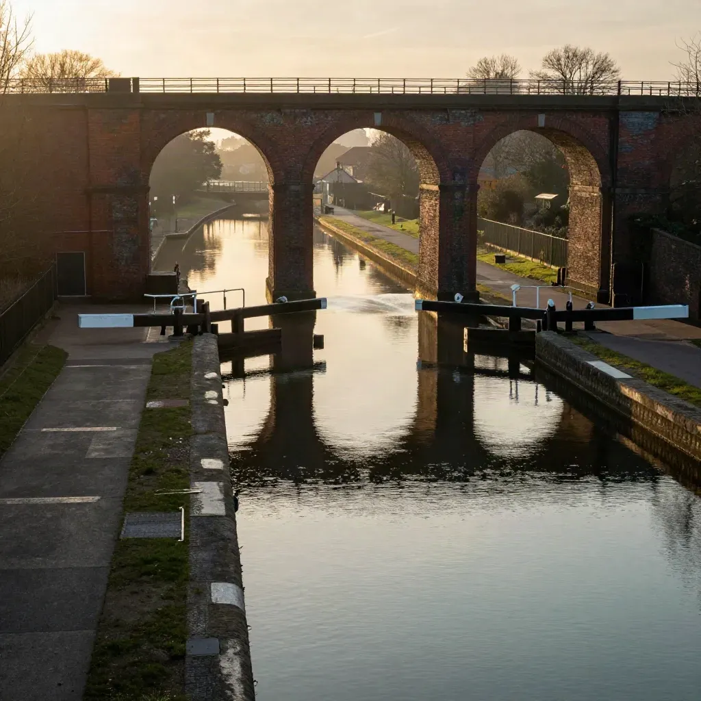 Birmingham canal arches and brick viaducts glowing in sunset haze above calm water.