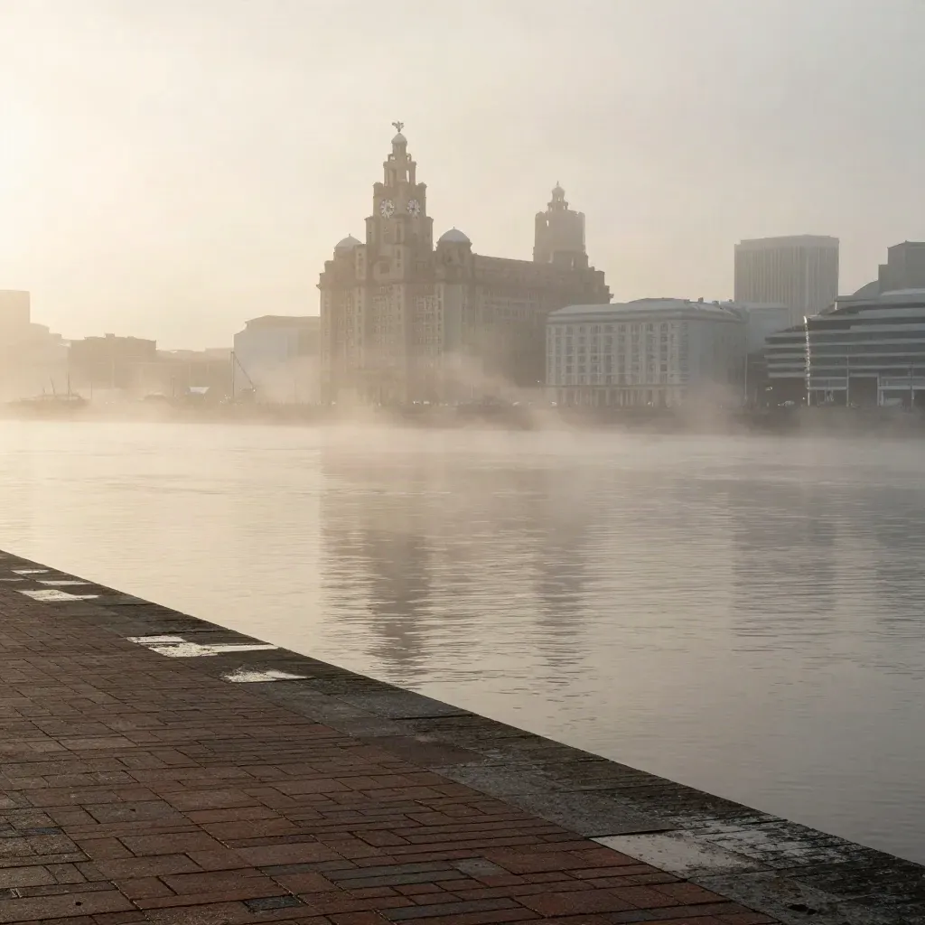 Liverpool waterfront and Liver Building emerging through dawn fog over calm water.