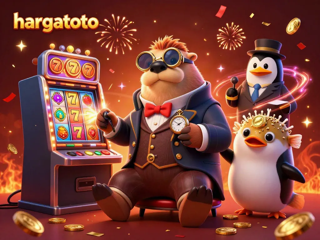 Experience thrilling slot action with hargatoto as characters interact around a vibrant casino scene.
