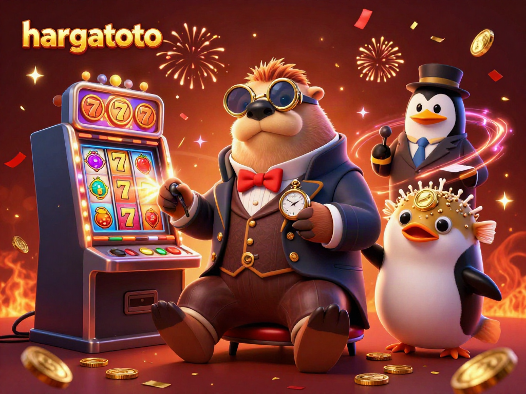 Experience thrilling slot action with hargatoto as characters interact around a vibrant casino scene.