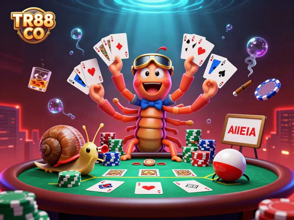 Experience excitement at TR88 CO with a vibrant casino scene featuring unique characters engaged in poker action.