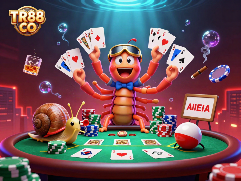 Experience excitement at TR88 CO with a vibrant casino scene featuring unique characters engaged in poker action.