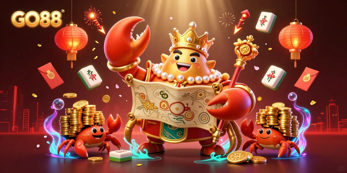 Experience the thrill of GO88 with a vibrant illustration featuring a golden crab emperor and stacking chips in a festive casino atmosphere.