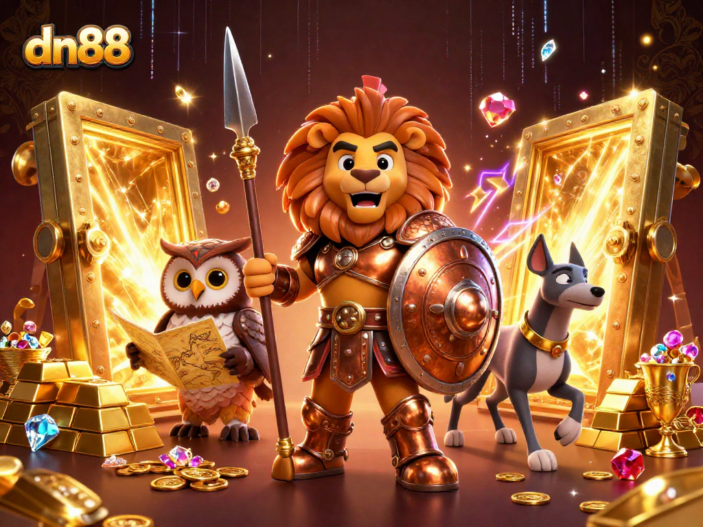 Experience the epic adventure of dn88 with a Spartan lion, owl strategist, and greyhound messenger amidst golden treasures.