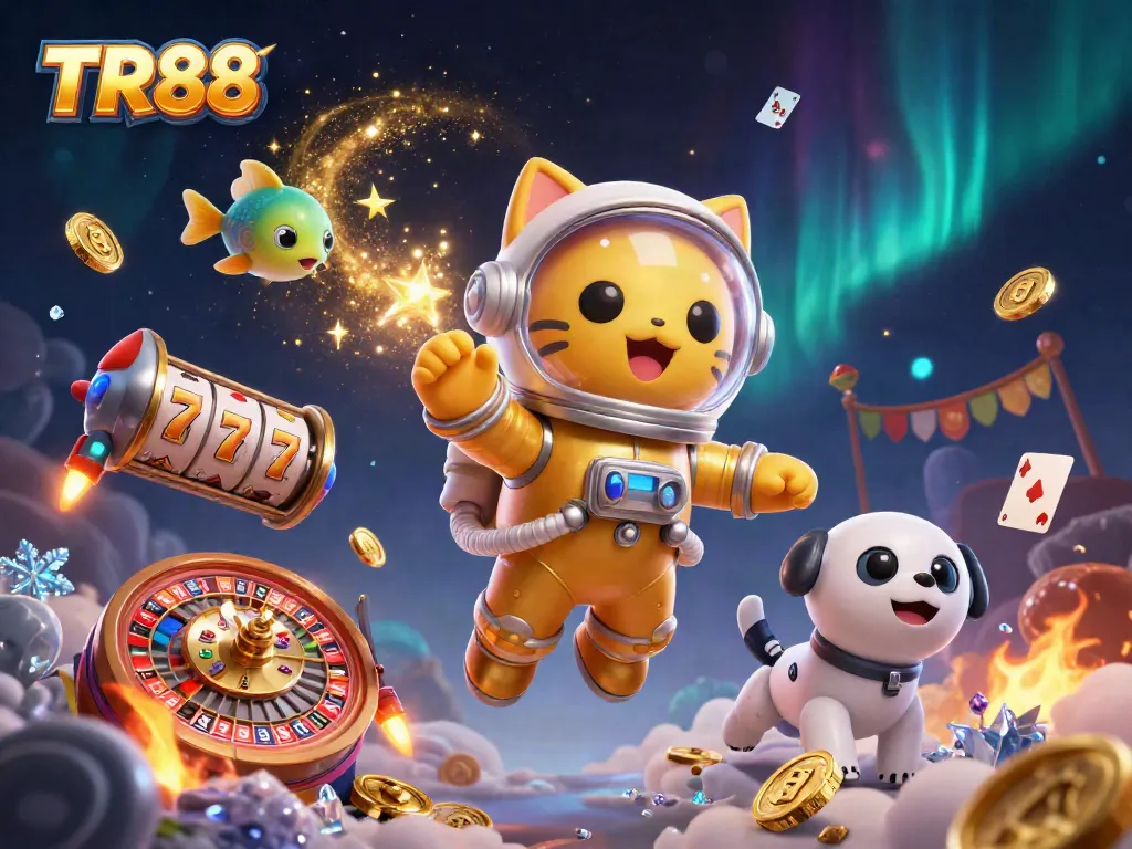 Join the excitement of TR88 with a vibrant scene of a space cat and robot enjoying a casino atmosphere.
