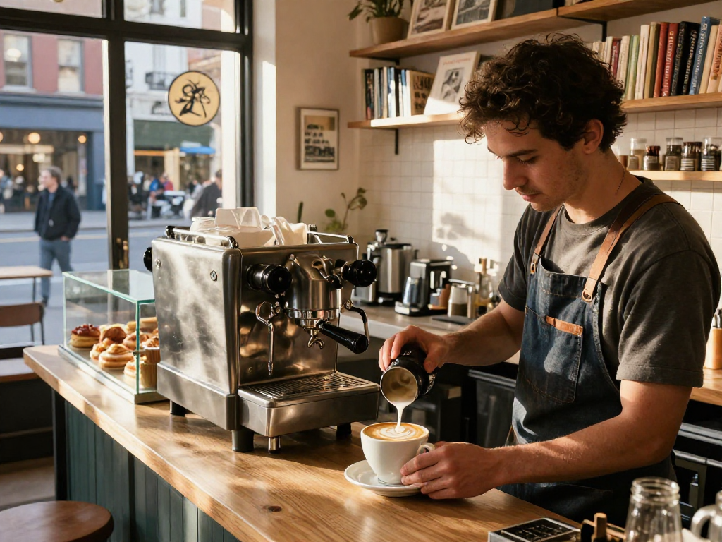 NSFW coffee art preparation in trendy café with inviting atmosphere and city view