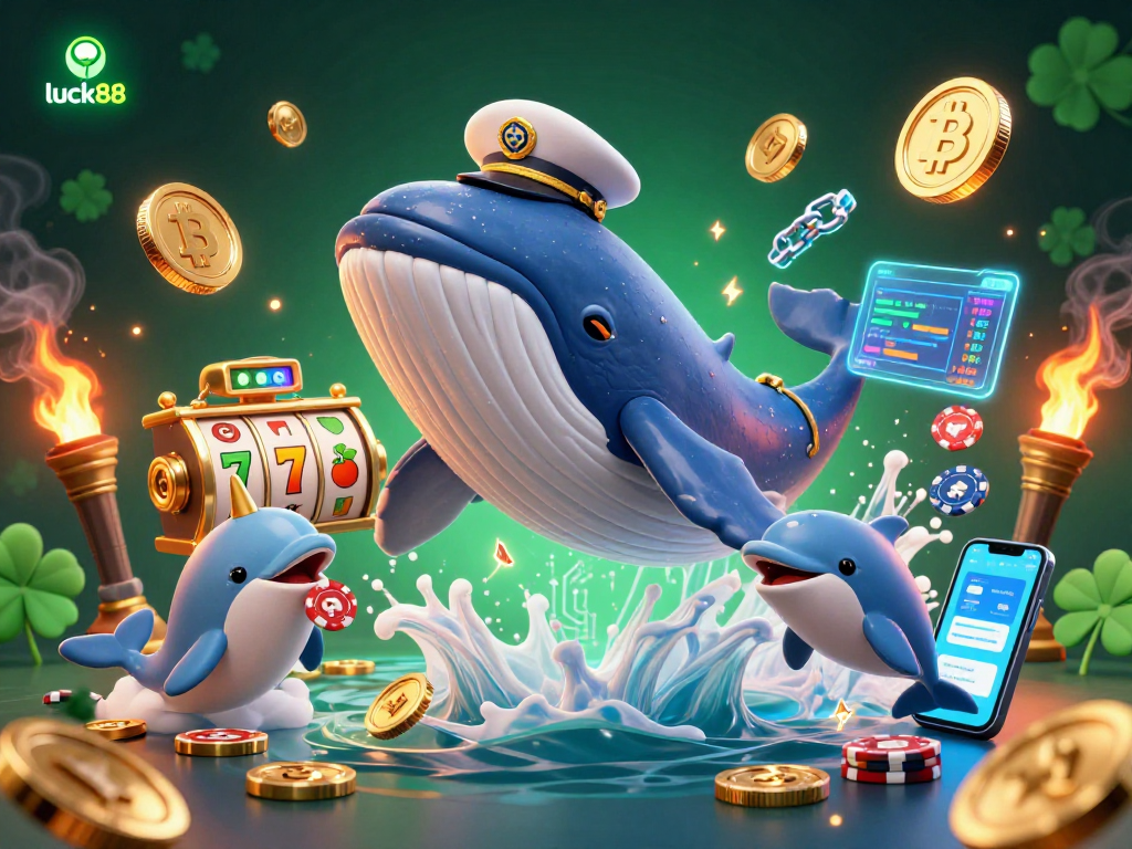Experience exciting gameplay with luck88 as whales and dolphins interact amid a jackpot of coins and poker chips.