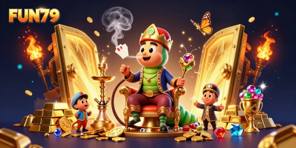 Experience excitement with FUN79’s vibrant casino illustration featuring jackpots, poker symbols, and treasures.
