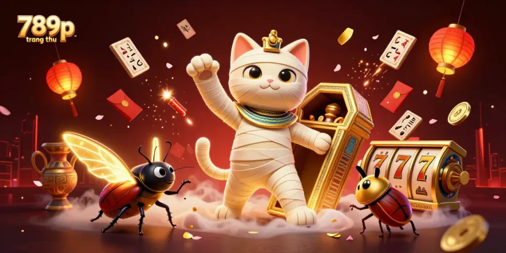 Experience exciting gameplay at 789p trang chủ, featuring an Egyptian mummy cat in a vibrant casino scene.