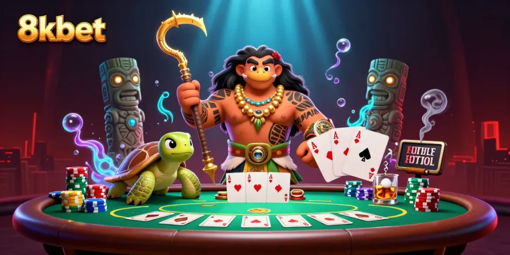 Engage with the vibrant world of 8xbet, showcasing a lively casino atmosphere with poker elements and rich details.