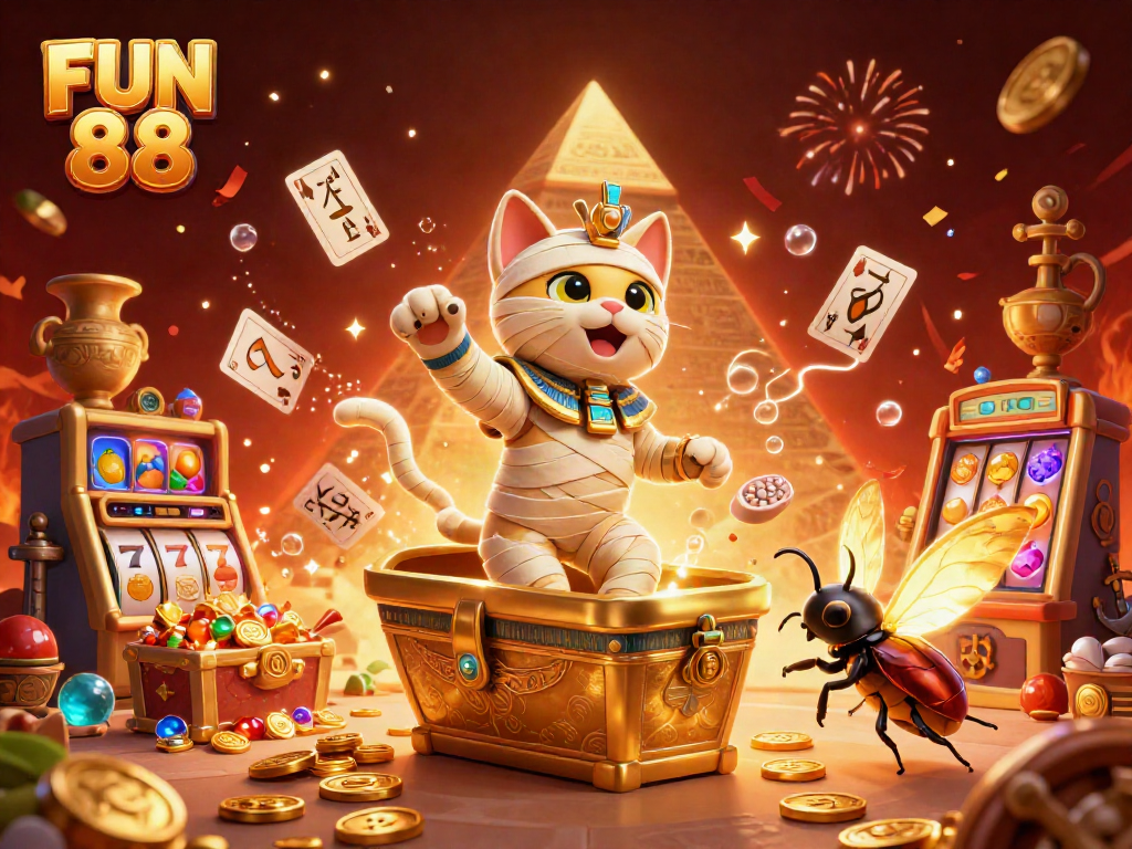 Experience ultimate fun with FUN 88 as a cartoon mummy cat wins at vibrant casino games amidst golden treasure.