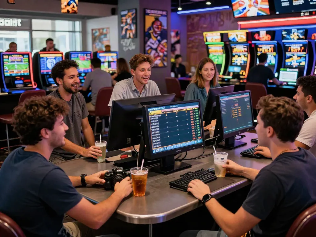 Exciting LU 88 sports betting environment with enthusiastic bettors and screens displaying game stats.