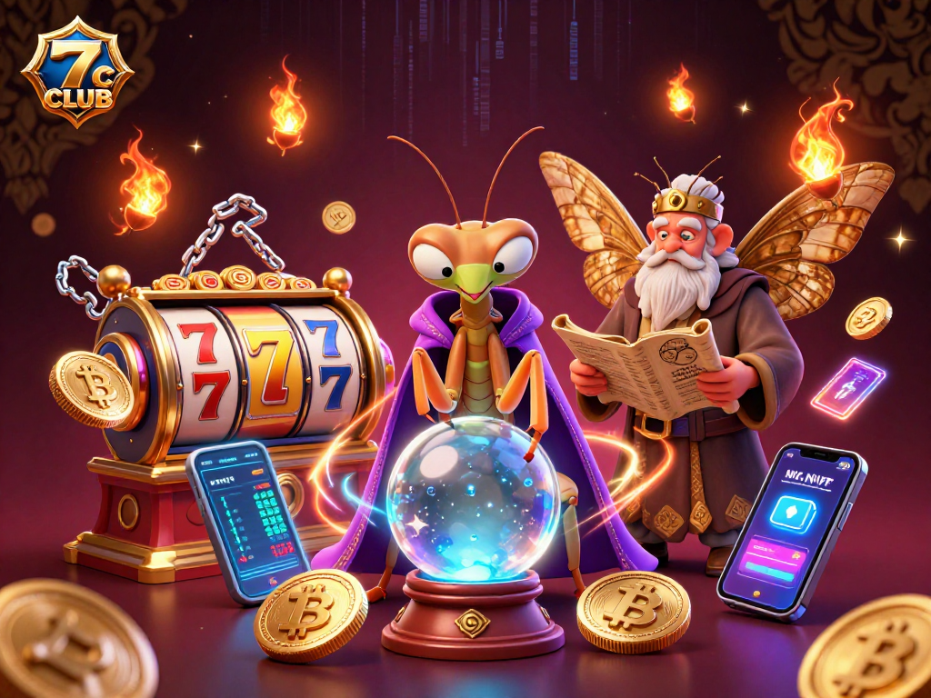 7CLUB's vibrant casino scene showcases a praying mantis fortune teller and lucky slot reels.