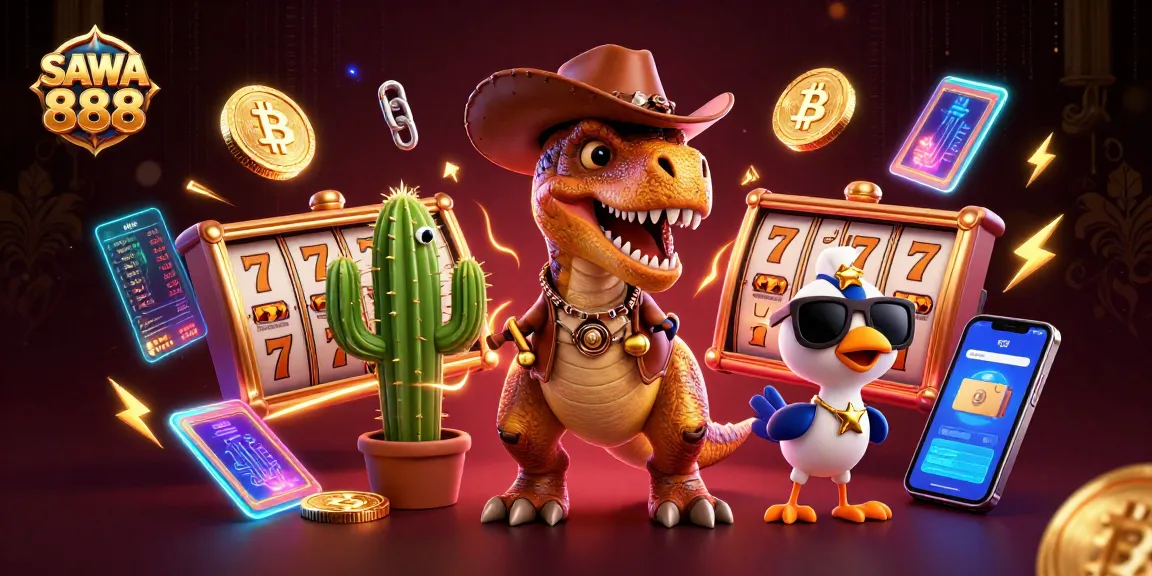 Experience thrilling gameplay with SAWA 888's vibrant casino scene featuring cartoon characters and slot elements.