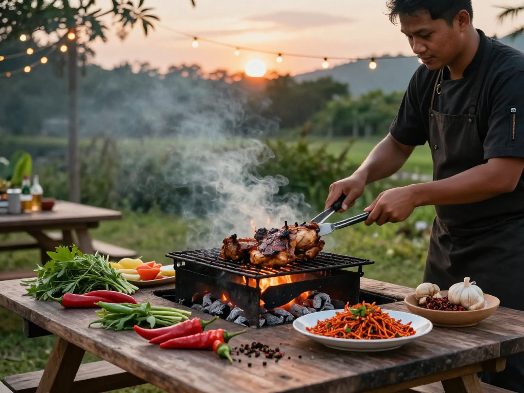 Delicious ayam bakar grilling with sambal rawit at sunset, https://sambalrawitankoko.com flavors bursting from fresh spices and vibrant chilies.