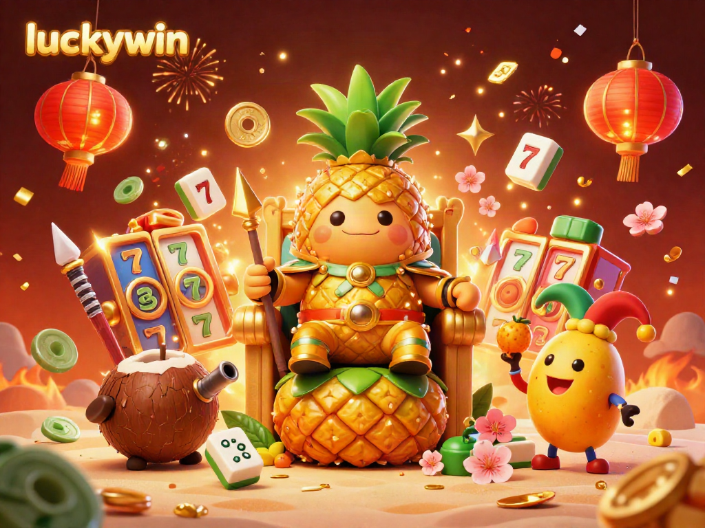 Experience luckywin action as the golden pineapple king and friends celebrate in a vibrant casino scene.