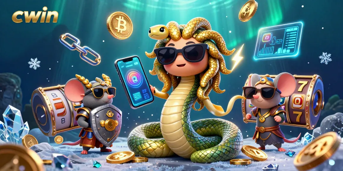 Win at cwin casino with vibrant crypto-themed characters and slot elements in a stunning 3D scene.