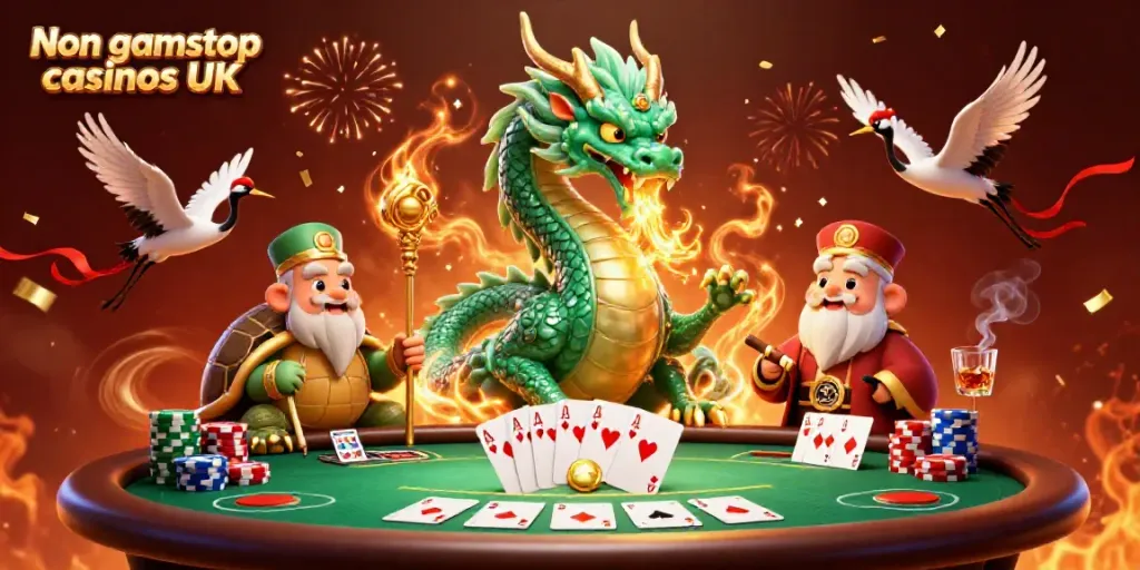 Engaging scene showcasing Non gamstop casinos UK with a dragon, turtle sage, and lucky cranes in a casino setting.