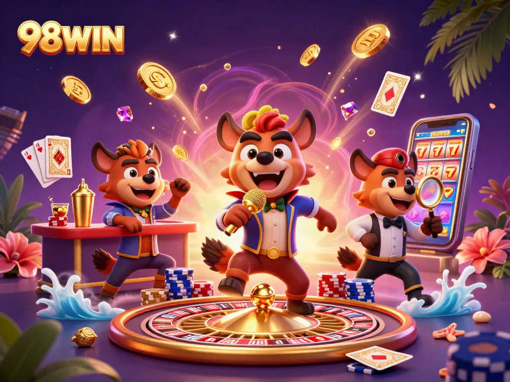 Witness the vibrant and energetic scene of 98WIN's dynamic casino environment with charismatic hyena characters.