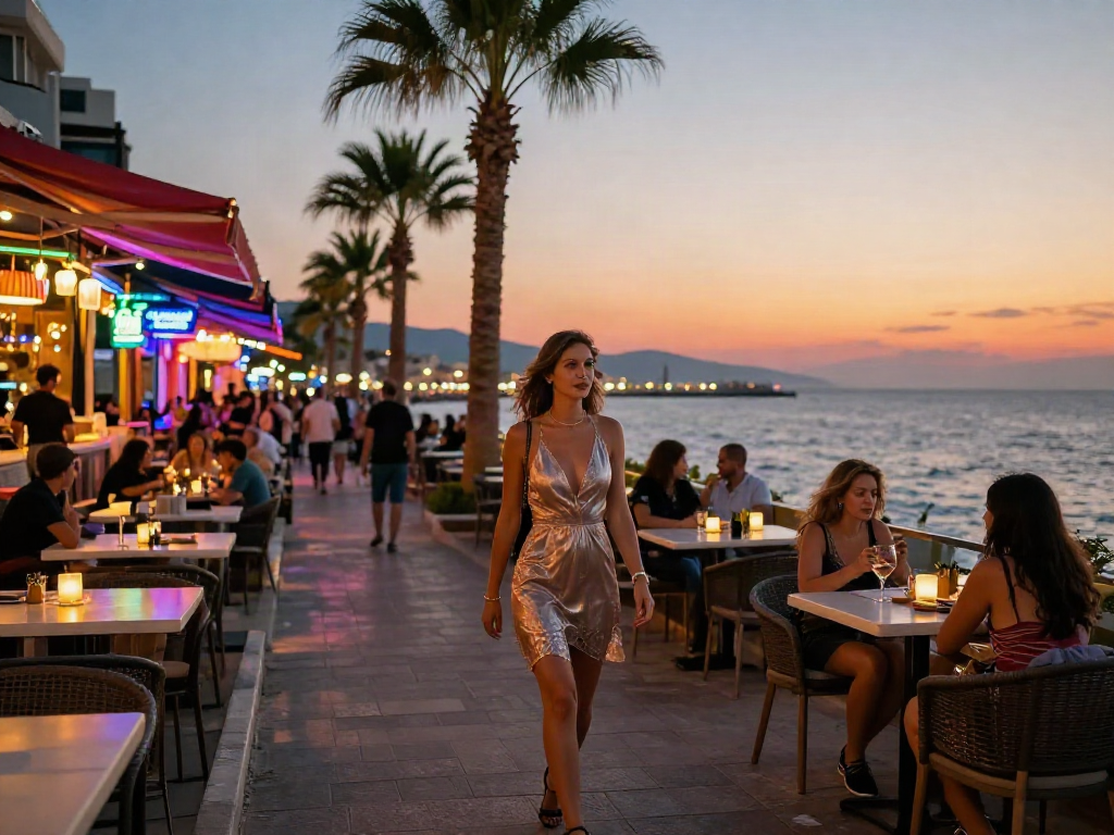 Antalya Eskort enjoying vibrant nightlife along the Mediterranean with neon lights and lively atmosphere.