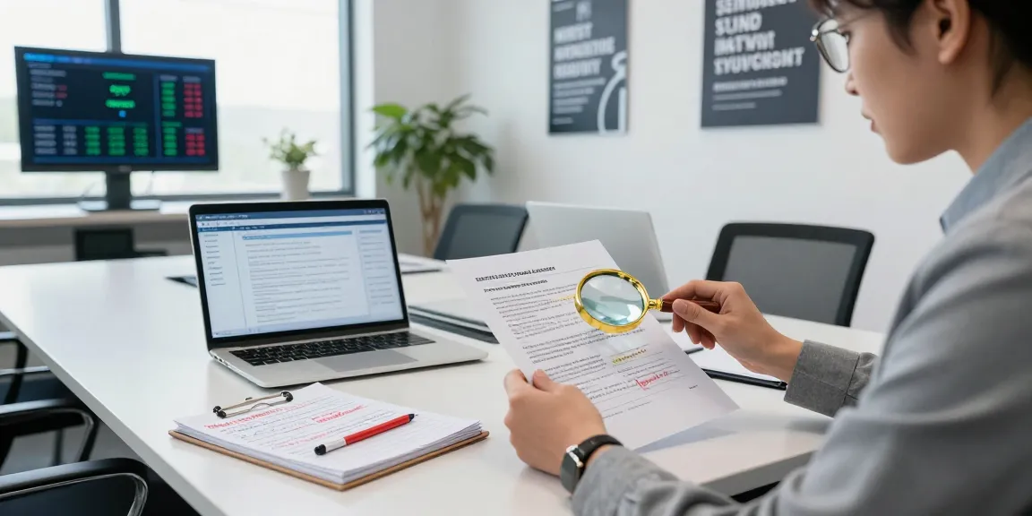 Analyst engaged in document fraud detection using a magnifying glass, reviewing suspicious documents in a professional office setting.
