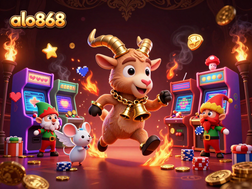 Experience thrilling gameplay at alo868 with a lively casino scene featuring a festive Krampus goat and playful characters.