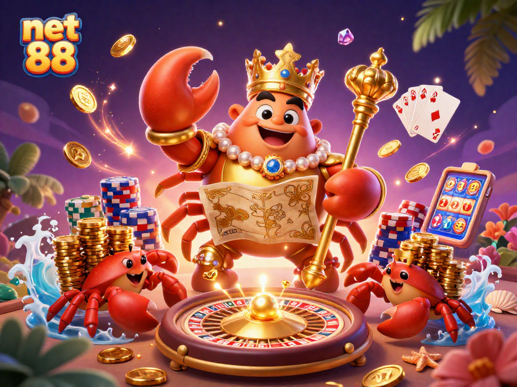Experience the thrill of net 88 gaming with a lavish 3D illustration featuring a golden crab emperor.