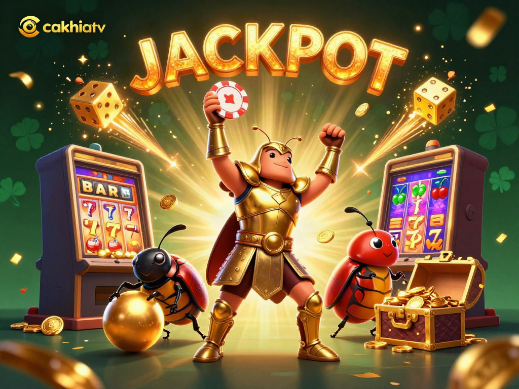 CakhiaTV features a victorious beetle character lifting a poker chip amidst a dynamic casino scene, ideal for gambling enthusiasts.