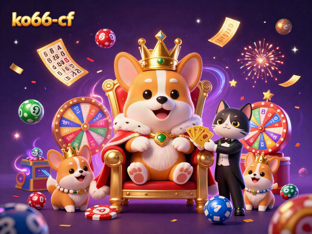 Engage with ko66-cf's vibrant casino scene featuring a royal corgi and dynamic gambling elements.