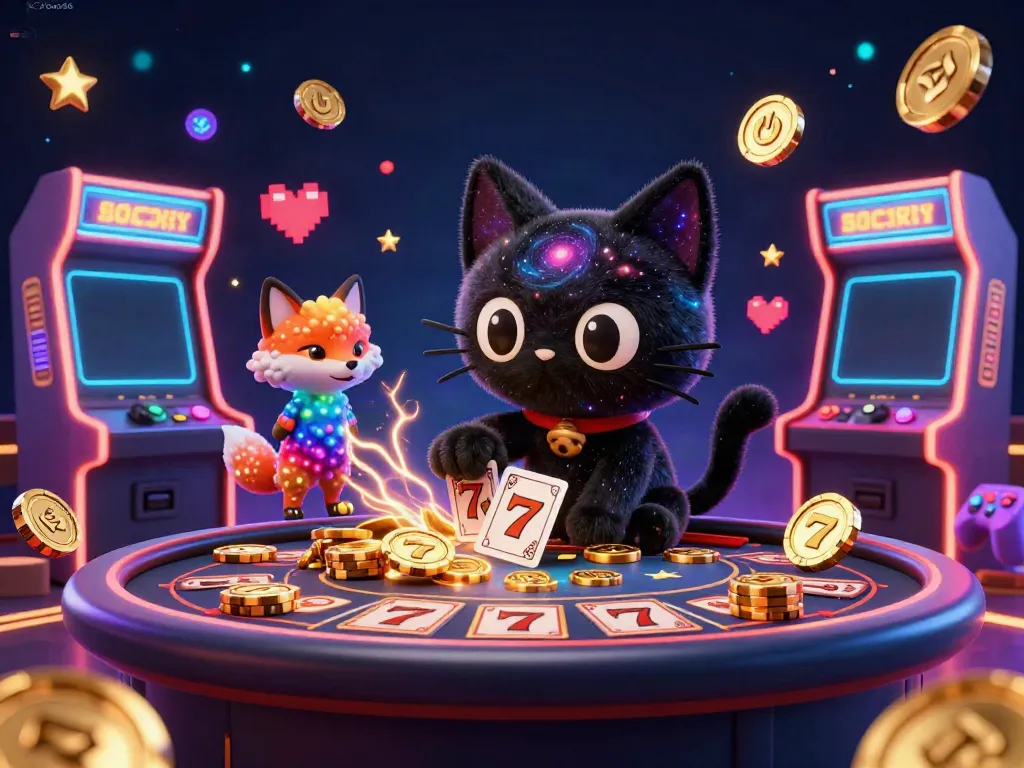 Engage in the universe of xoso66 with a cosmic casino scene featuring a black hole cat and vibrant arcade games.