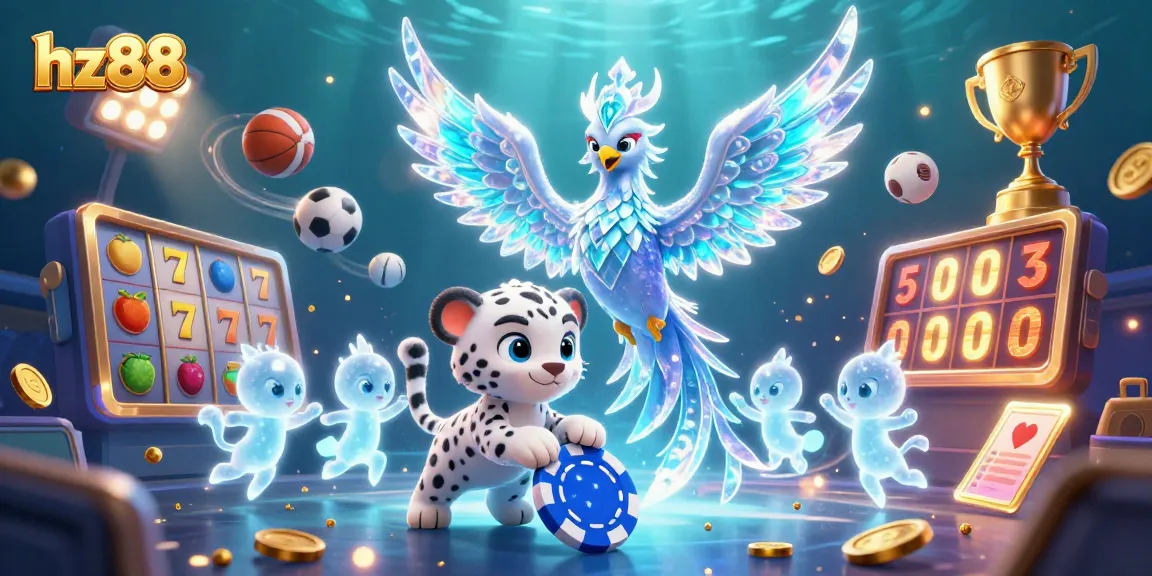 Engage with hz88 in this vibrant 3D casino illustration showcasing ice phoenixes and slot elements.