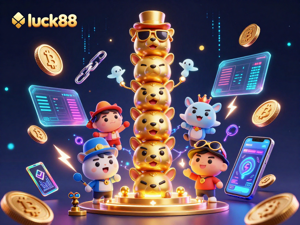 Join the excitement at luck88 with captivating 3D illustration showcasing vibrant casino elements and crypto coins.