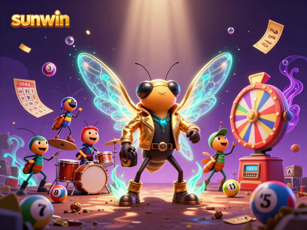 Experience excitement at Sunwin with vibrant casino-themed characters and dynamic game elements.