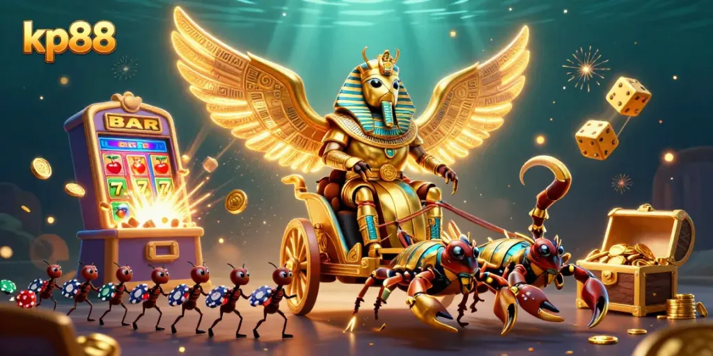 Experience thrilling gameplay at kp88 with a dynamic scene featuring a golden scarab beetle and joyous casino elements.